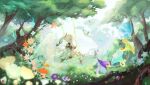  1girl 6+others absurdres aranara_(genshin_impact) back blurry bracelet braid cape character_request commentary_request crown_braid crystalfly_(genshin_impact) depth_of_field detached_sleeves dress ermu_(enmmm) flower forest from_behind fungi_(genshin_impact) genshin_impact gradient_hair grass green_cape hair_ornament highres jewelry leaf_hair_ornament long_hair multicolored_hair multiple_others nahida_(genshin_impact) nature pointy_ears scenery short_dress short_sleeves sidelocks single_braid sitting stirrup_legwear sunlight swing toeless_legwear tree two-tone_hair white_dress 