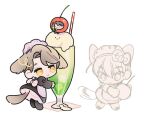  2boys alternate_costume animal_ears apron bird black_dress brown_hair cat_boy cat_ears cat_tail cherry chibi closed_mouth commentary_request crossdressing dog_boy dog_ears dog_tail dress enmaided food food_costume fruit full_body gusge_(ellllk) han_yoojin ice_cream ice_cream_float kemonomimi_mode korean_commentary long_sleeves maid maid_apron maid_headdress male_focus male_maid multiple_boys naega_kiun_s_geubdeul short_hair simple_background standing sung_hyunjae tail white_apron white_background yellow_eyes 