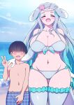  1boy 1girl age_difference aqua_hair beach bikini blue_bikini blue_hair blush breasts character_request covering covering_crotch faceless faceless_male front-tie_bikini_top front-tie_top gradient_hair highres huge_breasts implied_erection kemono_friends kemono_friends_3 male_swimwear mamiyama multicolored_hair navel ocean pearl_hair_ornament sexually_suggestive size_difference smile starfish_hair_ornament sweat swim_trunks swimsuit thick_thighs thighhighs thighs v 