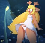  absurd_res anthro antlers bingbingo_(artist) blonde_hair blue_eyes blush bow_accessory bow_ribbon brown_body brown_fur buckteeth clothing deer deltarune doe_with_antlers dress female freckles fur hair hi_res horn leaf long_hair mammal night noelle_holiday open_mouth panties panty_shot plant red_nose signature solo street_lamp teeth tree undertale_(series) underwear white_clothing white_dress white_panties white_underwear wind wind_lift 