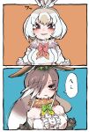  2girls absurdres animal_ears bare_shoulders black_eyes bow bowtie brown_hair coat european_hare_(kemono_friends) extra_ears grey_hair hair_over_one_eye highres kanmoku-san kemono_friends long_hair mountain_hare_(kemono_friends) multiple_girls rabbit_ears rabbit_girl scarf shirt short_hair simple_background translation_request 