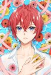  1boy antenna_hair blue_eyes flower hair_between_eyes heart_antenna_hair kwakah looking_at_viewer male_focus open_clothes open_shirt pink_ribbon red_hair ribbon riddle_rosehearts shirt short_hair twisted_wonderland white_shirt 