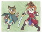  accessory ambiguous_gender anthro boots canid canine canis cape cloak clothing domestic_cat domestic_dog duo felid feline felis fighting_pose fingerless_gloves footwear gloves handwear headband mammal melee_weapon na0r3n open_toe_footwear open_toed_shoes paws pose sword weapon 