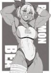  abs absurdres arms_up bandages bea_(pokemon) breasts dark-skinned_female dark_skin english_text gloves greyscale hairband highres large_breasts light_blush looking_at_viewer monochrome muscular muscular_female pokemon short_hair signature smile speedl00ver swimsuit teeth thick_thighs thighs white_hair 
