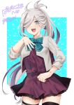  1girl aqua_bow aqua_bowtie asashimo_(kancolle) asashimo_kai_ni_(kancolle) bow bowtie commission cowboy_shot dress grey_eyes grey_hair grey_thighhighs hair_over_one_eye highres jacket kantai_collection long_hair long_sleeves looking_at_viewer open_mouth purple_dress saiki_yuzuri skeb_commission solo thighhighs white_jacket 