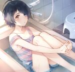  1girl ahoge bath_stool bathtub blue_eyes blue_hair blush breasts cleavage clothed_bath collarbone dolphin_shorts e_(eokiba) hair_ornament hairclip ooto_ai own_hands_together partially_submerged short_hair shorts solo stool strap_slip tile_floor tile_wall tiles water wet wonder_egg_priority yellow_eyes 