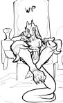  2023 anthro clothed clothing container cup female genitals goblet innie_pussy kobold looking_aside on_throne partially_clothed presenting presenting_pussy pussy reclining_pose sitting solo unfinished yamabat 