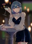  1girl bare_shoulders birthday blue_eyes blue_hair bracelet cup dress highres holding holding_cup jewelry shiaomo_sos short_hair signature solo sos_offical_(vtuber) yiyi_(sos_official) 