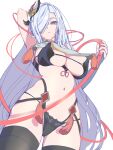  1girl arm_up blue_eyes breast_curtain breasts commentary_request expressionless genshin_impact hair_over_one_eye highres joukan_maafii large_breasts long_hair looking_at_viewer navel shenhe_(genshin_impact) simple_background solo thighhighs white_background white_hair 