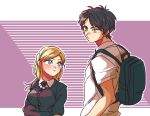  1boy 1girl alternate_universe backpack bag black_bag black_shirt blonde_hair blue_eyes blush breasts brown_hair christa_renz collared_shirt crossed_arms eren_yeager green_eyes long_hair long_sleeves looking_at_another medium_breasts mi_cha_iru purple_background shingeki_no_kyojin shirt short_hair short_sleeves swept_bangs white_shirt 