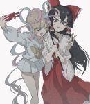  2girls :d bare_legs black_hair blonde_hair bow bowtie chouzetsusaikawa_tenshi-chan closed_eyes collarbone commentary_request d: detached_sleeves double-parted_bangs eyelashes feet_out_of_frame frilled_bow frilled_hair_tubes frilled_shirt_collar frills gohei grey_background grey_eyes hair_between_eyes hair_bow hair_tubes hakurei_reimu hand_on_another&#039;s_shoulder happy heart highres holding holding_phone holding_stick long_hair long_sleeves looking_at_another looking_to_the_side miniskirt multiple_girls needy_girl_overdose parted_lips phone pleated_skirt puffy_long_sleeves puffy_sleeves red_bow red_skirt red_vest selfie shirt short_hair_with_long_locks simple_background skirt skirt_set smile sokura_(mochichitose) stick sweat touhou very_long_hair vest white_shirt white_skirt wide_sleeves yellow_bow yellow_bowtie 