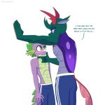  1:1 anthro anthrofied arthropod blush bottomwear changeling clothed clothing dragon english_text fangs friendship_is_magic green_eyes hasbro hi_res horn mandibles my_little_pony pharynx_(mlp) purple_body purple_eyes purple_scales reformed_changeling scales shallowwin shorts simple_background spike_(mlp) teeth text topless white_background 