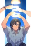  1boy arms_up black_hair blue_background blue_shirt breast_pocket date_wataru echo_(circa) facial_hair frown glowing_halo hagiwara_kenji hair_between_eyes halo holding holding_halo looking_at_another looking_up male_focus matsuda_jinpei meitantei_conan out_of_frame outside_border pocket police police_uniform purple_eyes scotch_(meitantei_conan) shirt short_hair short_sleeves solo_focus stubble symbolism uniform upper_body watch wristwatch 