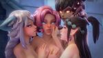  4girls absurdres after_kiss animal_ears black_hair fang fangs fox_ears grabbing grabbing_another&#039;s_breast highres io_(paladins) jineisho long_hair looking_at_another looking_at_viewer maeve_(paladins) multiple_girls open_mouth paladins pink_hair pointy_ears saliva saliva_trail short_hair tongue tongue_out ying_(paladins) yuri 