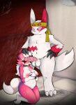  anthro balls blush bodily_fluids breasts canid canine claws condom cum digital_media_(artwork) duo e-01 erection fellatio female filled_condom fur generation_3_pokemon generation_7_pokemon genital_fluids genitals hair hi_res lycanroc maggy_(lycan) male male/female mammal markings midnight_lycanroc nintendo nipples nude open_mouth oral penile penis pink_body pokemon pokemon_(species) red_eyes red_markings sex sexual_barrier_device shower shower_sex simple_background tail tongue tongue_out water wet white_body white_fur zangoose 