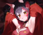  1girl absurdres animal_ear_fluff animal_ears arm_up armpits ascot black_coat black_hair blush breasts choker cleavage coat commission cosplay cropped_jacket frilled_choker frills hair_ornament hairpin heart heart-shaped_pupils highres hololive houshou_marine houshou_marine_(1st_costume) houshou_marine_(cosplay) jacket large_breasts leotard_under_leotard long_hair looking_at_viewer multicolored_hair one_o_clcok ookami_mio pixiv_commission red_ascot red_coat red_hair red_jacket sleeveless sleeveless_jacket streaked_hair symbol-shaped_pupils tongue tongue_out two-sided_coat virtual_youtuber wolf_ears wolf_girl yellow_eyes 