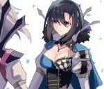  1boy 1girl 2sirokma0930 asymmetrical_clothes black_hair breasts capelet cleavage cleavage_cutout closed_mouth clothing_cutout fire_emblem fire_emblem_engage fur_trim high_collar jewelry long_sleeves necklace nel_(fire_emblem) nil_(fire_emblem) out_of_frame purple_eyes short_hair 