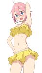  1girl arm_behind_head arm_up armpits bikini blue_eyes breasts commentary commentary_request commission cowboy_shot frilled_bikini frills hand_on_own_hip kagamihara_nadeshiko kayabakoro looking_at_viewer medium_breasts navel open_mouth partial_commentary pink_hair pixiv_commission short_hair simple_background smile solo standing sweatdrop swimsuit white_background yellow_bikini yurucamp yurucamp_movie 