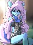  2023 anthro blue_body blue_eyes blue_fur breasts canid canine canis clothed clothing digital_media_(artwork) domestic_dog female female_anthro fur hair hi_res husky kemono kolae_(character) looking_at_viewer mammal neck_tuft nordic_sled_dog pink_body pink_fur pink_hair small_breasts solo spitz tail tinygaypirate tuft 