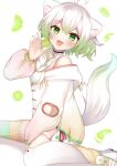  1girl ahoge animal_ears bare_shoulders black_choker braid choker fangs ferret_ears ferret_girl ferret_tail food fruit gradient_hair gradient_tail green_eyes green_hair green_tail hair_ribbon holding holding_food holding_fruit indie_virtual_youtuber laimu_(vtuber) lime_(fruit) lime_slice long_sleeves looking_at_viewer multicolored_hair open_mouth ribbon single_braid sitting solo thighhighs tomoyo619 virtual_youtuber white_background white_hair white_tail yellow_ribbon 