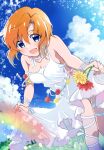  1girl absurdres bare_shoulders blue_eyes breasts cleavage clothes_lift dress flower highres higurashi_no_naku_koro_ni holding holding_clothes holding_dress holding_flower mashimaro_tabetai open_mouth orange_hair rainbow red_flower ribbon ryuuguu_rena short_hair solo wedding_dress white_dress white_ribbon yellow_flower 