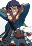  1boy bite_addict black_pants black_shirt blue_jacket bright_pupils brown_eyes dark-skinned_male dark_skin fur-trimmed_jacket fur_trim green_bag grin highres hop_(pokemon) jacket male_focus open_clothes open_jacket pants pokemon pokemon_(creature) pokemon_(game) pokemon_swsh purple_hair shirt short_hair simple_background sleeves_past_elbows smile teeth white_background white_pupils wooloo 