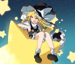  1girl black_footwear black_headwear blonde_hair bow braid commentary_request full_body gradient_sky hat hat_bow ichimura_kanata kirisame_marisa long_hair open_mouth outdoors short_sleeves side_braid single_braid sitting sky socks solo star_(sky) star_(symbol) starry_sky touhou white_bow white_socks witch_hat yellow_eyes 