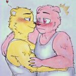  &lt;3 2023 anthro bear blush clothing coco_(unicorn_wars) duo embrace fur gordi_(unicorn_wars) hug kowimarch male mammal pink_body pink_eyes pink_fur shirt slightly_chubby topwear unicorn_wars yellow_body yellow_fur 