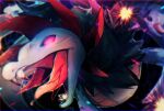  blood blurry border commentary_request energy fangs highres hydreigon no_humans open_mouth pokemon pokemon_(creature) purple_eyes solo tongue wafu_pkmn 