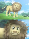  ambiguous_gender close-up creepy death_stare empty_eyes expressionless felid green_eyes grin hi_res lion lion_(teletubbies) looking_at_viewer mammal mane outside pantherine plant sharp_teeth smile teeth teletubbies tree unsettling xamp6 