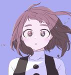  1girl blue_background blush boku_no_hero_academia brown_eyes brown_hair collarbone highres looking_at_viewer messy_hair open_mouth pastel_colors saburou_(326xxx1) short_hair simple_background solo star_(symbol) star_in_eye surprised symbol_in_eye tight_clothes uraraka_ochako wind 