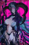  +_+ 1girl absurdres breasts fate/grand_order fate_(series) glowing glowing_eyes highres horns large_breasts one_eye_covered paintercattle pink_eyes solo stomach_tattoo tattoo tiamat_(fate) upper_body veins veiny_breasts 