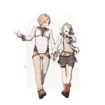  1boy 1girl absurdres afterimage ahoge black_shorts black_skirt boots brown_footwear brown_pants closed_eyes couple elf full_body green_eyes green_hair hetero highres holding_hands laughing light_brown_hair motion_blur mushoku_tensei open_mouth pants pointy_ears shirt shorts shorts_under_skirt shuwei_(world2012102) simple_background skirt sylphiette_(mushoku_tensei) walking white_background white_shirt 