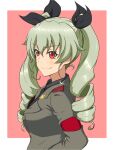  1girl ada_badguy anchovy_(girls_und_panzer) anzio_military_uniform blush breasts drill_hair girls_und_panzer green_hair hair_ribbon long_hair military military_uniform red_eyes ribbon simple_background small_breasts smile solo twin_drills uniform upper_body 