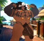  absurd_res anthro big_penis felid flexing genitals hanzo_matsumoto hi_res lion male mammal mauga_(overwatch) muscular nude pantherine penis smile solo tattoo 