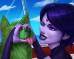  animal beast_boy_(dc) blue_hair blue_sky cloud colored_skin dc_comics dog evulchibi floor forehead_jewel gem highres holding holding_animal purple_eyes purple_lips purple_skin raven_(dc) red_gemstone saliva sky smile teen_titans tongue tongue_out 