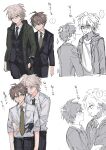  2boys :d ? aemono_(lemolemo_lmn) ahoge black_gloves black_necktie black_pants blush danganronpa:_trigger_happy_havoc danganronpa_(series) danganronpa_2:_goodbye_despair eye_contact formal gloves green_jacket green_necktie grey_hair hands_on_another&#039;s_stomach highres holding_hands hood hood_down hooded_jacket jacket komaeda_nagito looking_at_another looking_down male_focus messy_hair multiple_boys necktie pants profile shirt_tucked_in smile speech_bubble translation_request yaoi 