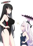  2girls absurdres ahoge black_hair black_halo blue_archive breast_envy bright_pupils competition_swimsuit demon_horns english_commentary flat_chest hair_ornament hairclip halo hand_on_own_hip highres hina_(blue_archive) horns lightning_glare long_hair looking_at_another multiple_girls one-piece_swimsuit parted_bangs purple_eyes red_eyes rio_(blue_archive) school_swimsuit simple_background staring stryx sweatdrop swimsuit tsurime very_long_hair white_background white_pupils 