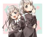  2girls black_ribbon blush braid braided_bangs brown_eyes collared_shirt commentary_request dress_shirt earrings grey_hair grey_jacket grey_skirt hair_over_shoulder hair_ribbon hand_up hisakawa_hayate hisakawa_nagi idolmaster idolmaster_cinderella_girls jacket jewelry juliet_sleeves long_hair long_sleeves low_twintails multiple_girls puffy_sleeves purple_eyes ribbon shirt siblings sisters skirt star_(symbol) twins twintails very_long_hair white_shirt yukie_(kusaka_shi) 