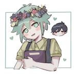  2boys basil_(omori) green_eyes green_hair green_shirt head_wreath holding holding_notebook male_focus multiple_boys notebook omori omori_(omori) rbfnrbf_(mandarin) shirt short_sleeves simple_background 