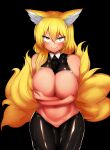  1girl absurdres animal_ears areola_slip bare_shoulders black_background blonde_hair blush breasts closed_mouth commentary covering covering_breasts cowboy_shot fang fang_out female_pubic_hair fox_ears fox_tail furrowed_brow glaring hair_between_eyes highres large_breasts looking_at_viewer meme_attire mizuga multiple_tails no_headwear pubic_hair reverse_bunnysuit reverse_outfit sanpaku simple_background skin_fang solo sweat symbol-only_commentary tail touhou v-shaped_eyebrows yakumo_ran yellow_eyes 