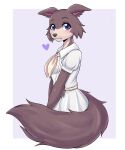  2023 anthro artkett1412 beastars brown_body brown_fur canid canine canis clothed clothing eyelashes female fur hi_res juno_(beastars) looking_at_viewer mammal purple_eyes simple_background solo tail white_clothing wolf 