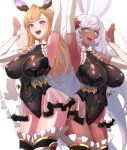  2girls :d animal_ears arm_up armpits black_leotard blonde_hair blush bow bowtie breasts cosplay covered_navel dark-skinned_female dark_skin detached_sleeves frilled_thighhighs frills granblue_fantasy hair_bow hair_ornament head_wings highleg highleg_leotard highres kemurin large_breasts leotard long_hair looking_at_viewer makura_(granblue_fantasy) makura_(granblue_fantasy)_(cosplay) multiple_girls open_mouth rabbit_ears rabbit_girl simple_background smile teeth thighhighs tweyen_(granblue_fantasy) upper_teeth_only very_long_hair white_background white_bow white_hair white_thighhighs wings yellow_eyes 