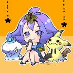  1girl :3 acerola_(pokemon) arm_support blue_dress blush chibi dress hand_to_own_mouth knees_up litwick mimikyu orange_background otohara_yun pokemon pokemon_(creature) pokemon_(game) pokemon_sm purple_eyes sandals signature sitting solo topknot 