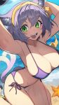  1boy animal_ear_fluff animal_ears arms_up beach bikini breasts cat_ears cat_girl cat_tail cleavage day flip-flops green_eyes hair_between_eyes hata4564 highres kneeling large_breasts looking_at_viewer medium_hair multiple_tails ocean open_mouth original outdoors purple_bikini purple_hair sand sandals smile solo starfish swimsuit tail teeth tongue two_tails wet 