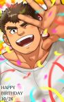  1boy :d bara birthday blurry blurry_foreground blush brown_hair confetti dark-skinned_male dark_skin facial_hair goatee goatee_stubble hand_up happy happy_birthday large_pectorals long_sideburns looking_at_viewer male_focus muscular muscular_male one_eye_closed oskn_tengoku pectorals shirt short_hair sideburns smile solo t-shirt takabushi_kengo thick_eyebrows tokyo_afterschool_summoners upper_body v-shaped_eyebrows 