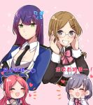  4girls :d ^_^ arms_under_breasts assault_lily black_gloves black_necktie blue_jacket blue_sailor_collar blush bow bowtie braid breasts brown_hair brown_jacket butterfly_hair_ornament chibi closed_eyes closed_mouth collared_shirt commentary corset cropped_torso crossed_arms detached_sleeves epaulettes funada_kiito glasses gloves green_eyes grey-framed_eyewear grey_eyes grey_hair grin hair_ornament hairclip hairpods hands_on_own_cheeks hands_on_own_face hands_up hasegawa_gabriella_tsugumi heart interlocked_fingers jacket large_breasts long_hair long_sleeves looking_at_viewer low_twin_braids low_twintails ludvico_private_girls&#039;_academy_school_uniform matsunaga_brigitta_kayo mole mole_under_eye multiple_girls necktie nervous_smile nigari_(ngari_0115) notice_lines odaiba_girls_high_school_uniform open_clothes open_jacket open_mouth own_hands_clasped own_hands_together parted_bangs partially_fingerless_gloves pink_background pink_bow pink_bowtie purple_hair red_hair sailor_collar school_uniform serafuku shiba_tomoshibi shirt short_hair side_braid simple_background single_braid sleeveless sleeveless_shirt sleeves_past_wrists smile sparkle spoken_heart sweatdrop translated twin_braids twintails underbust upper_body white_shirt 