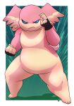 absurd_res angry anthro audino border claws female fighting_pose flat_chested fur generation_5_pokemon hi_res nintendo pink_body pink_fur pokemon pokemon_(species) pose potoobrigham slightly_chubby solo thick_thighs white_border wide_hips 