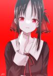  1girl absurdres black_hair clenched_hand commentary dress eyelashes folded_ponytail hair_between_eyes hair_ribbon hand_up highres kaguya-sama_wa_kokurasetai_~tensai-tachi_no_renai_zunousen~ long_hair long_sleeves looking_at_viewer neck_ribbon okawaii_koto parted_lips pinafore_dress red_background red_eyes red_ribbon ribbon school_uniform shinomiya_kaguya shuuchiin_academy_school_uniform sidelocks signature simple_background sleeveless sleeveless_dress solo straight-on upper_body wing_collar yanagiba_sakana 