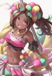  +_+ 1girl bandeau beads breasts brown_eyes brown_hair commentary_request dark-skinned_female dark_skin fire_emblem fire_emblem_engage flower hair_beads hair_flower hair_ornament long_hair looking_at_viewer midriff navel open_mouth open_smile polearm ponytail revision small_breasts smile solo ten_(tenchan_man) timerra_(fire_emblem) weapon white_background 